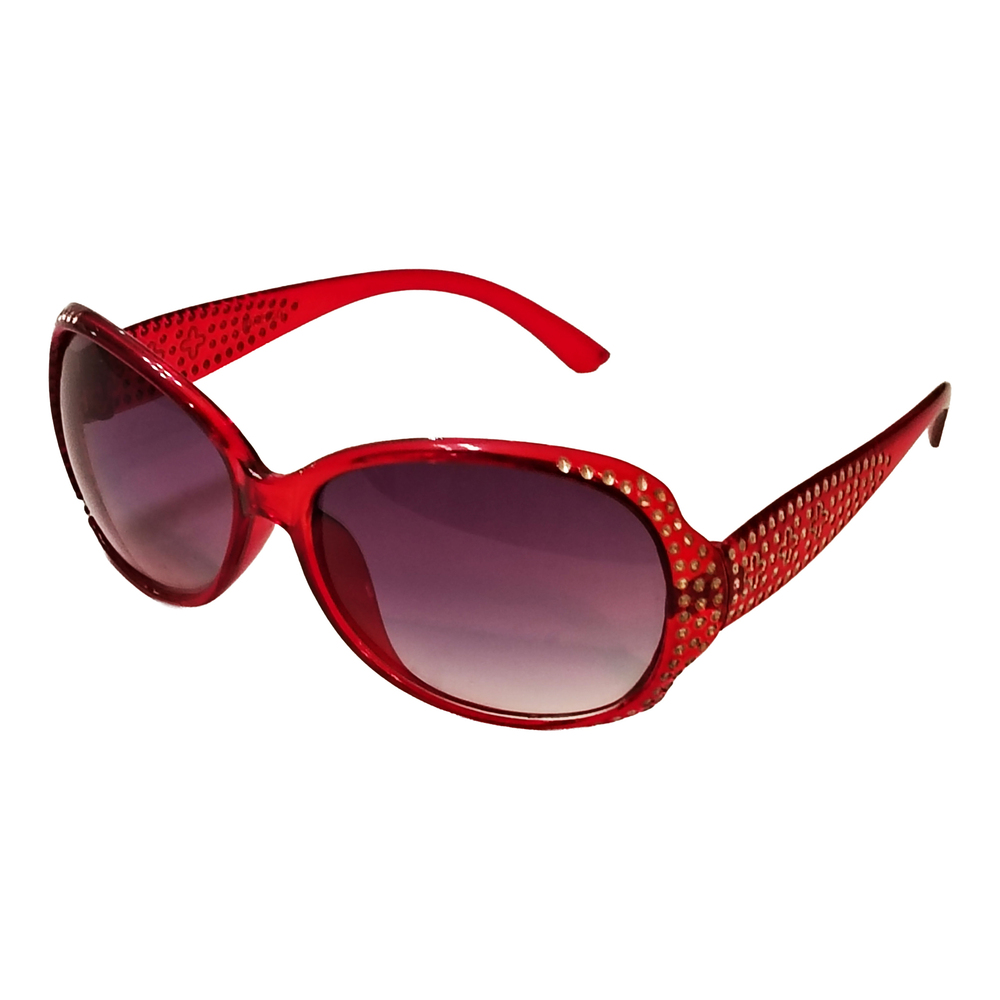 Red framed purple tinted butterfly glasses with rhinestone inlay